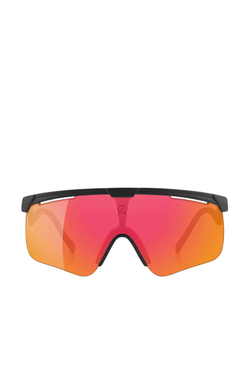 A pair of sports sunglasses with a black frame and orange-red reflective lenses