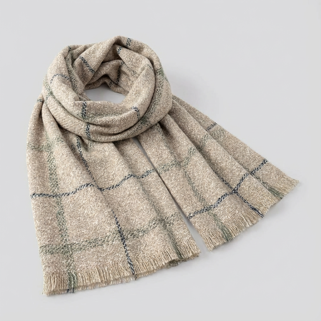 Beige plaid wool scarf with fringe edges on a white background.