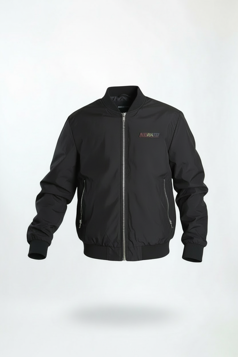 Black bomber jacket with zipped pockets and embroidered logo on the chest, floating against a white background.