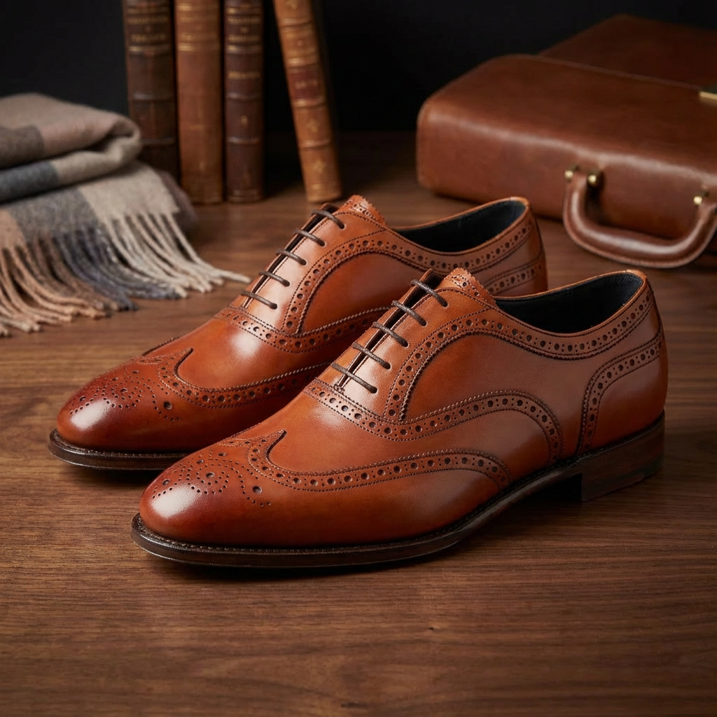 Pair of brown leather brogue dress shoes on a wooden surface with a brown leather carrying case and a folded plaid scarf in the background.