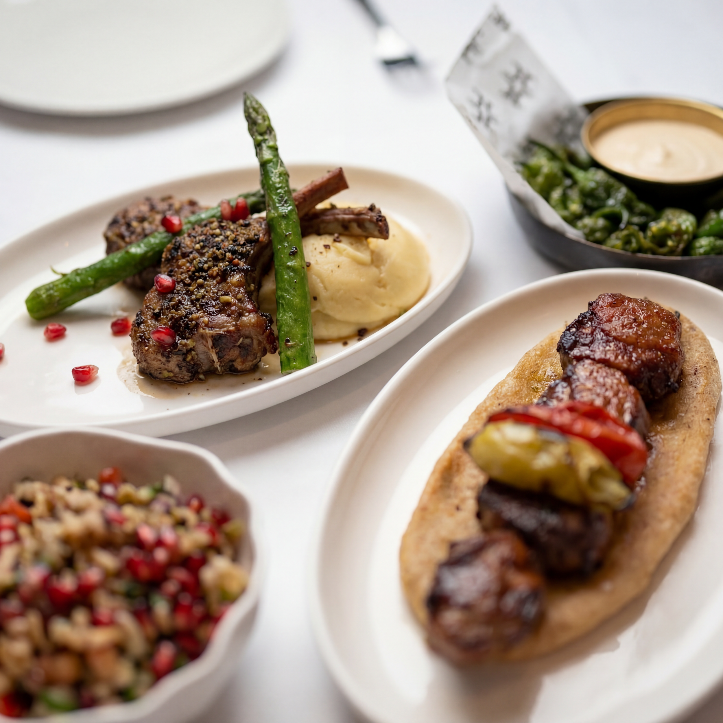Assorted American-style dishes including grilled lamb chops with mashed potatoes and asparagus, a beef kebab on naan bread with roasted peppers, sautéed green jalapeños with sauce, and a side of pomegranate salad.