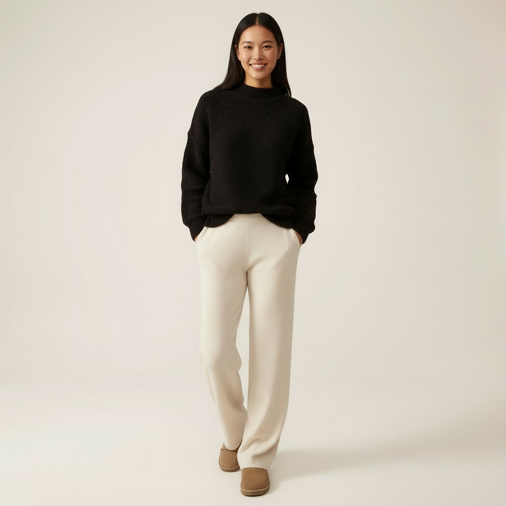 A woman with long black hair, smiling, wearing a black sweater, cream-colored pants, and brown shoes, standing inside a plain light-colored room.