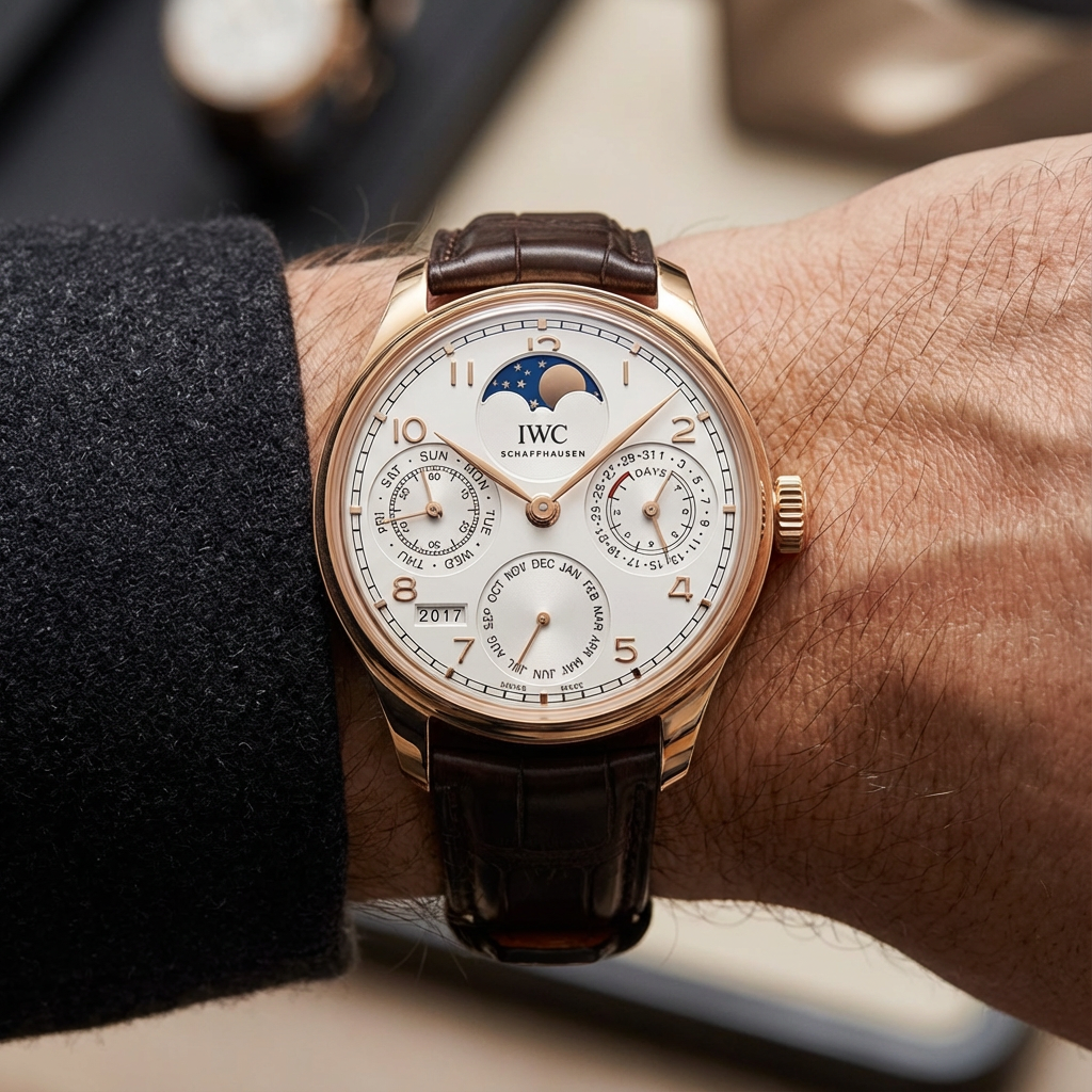 A luxury men's wristwatch with a white dial, gold case, brown leather strap, showing multiple complications including a moon phase, day of the week, date, months, and year, made by IWC Schaffhausen.
