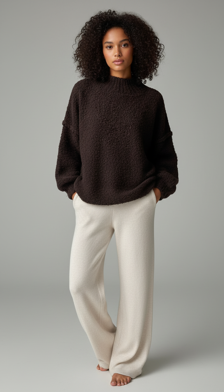 A woman with curly hair wearing a dark brown sweater and white pants, standing barefoot against a plain gray background.