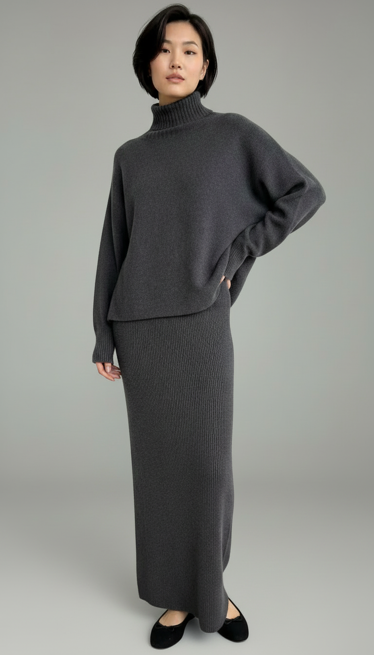 A woman with short black hair wearing a dark gray turtleneck sweater and a matching long ribbed skirt posing against a plain gray background.