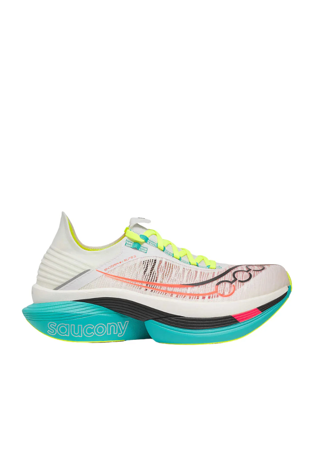 A high-performance Saucony trail running shoe with a lightweight design, featuring a white upper with colorful accents, a cushioned midsole, and a vibrant turquoise outsole.