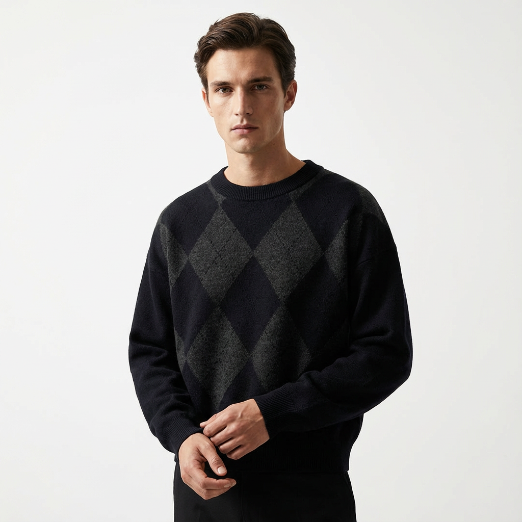 A young man with brown hair wearing a black sweater with gray diamond pattern, posing against a plain white background.