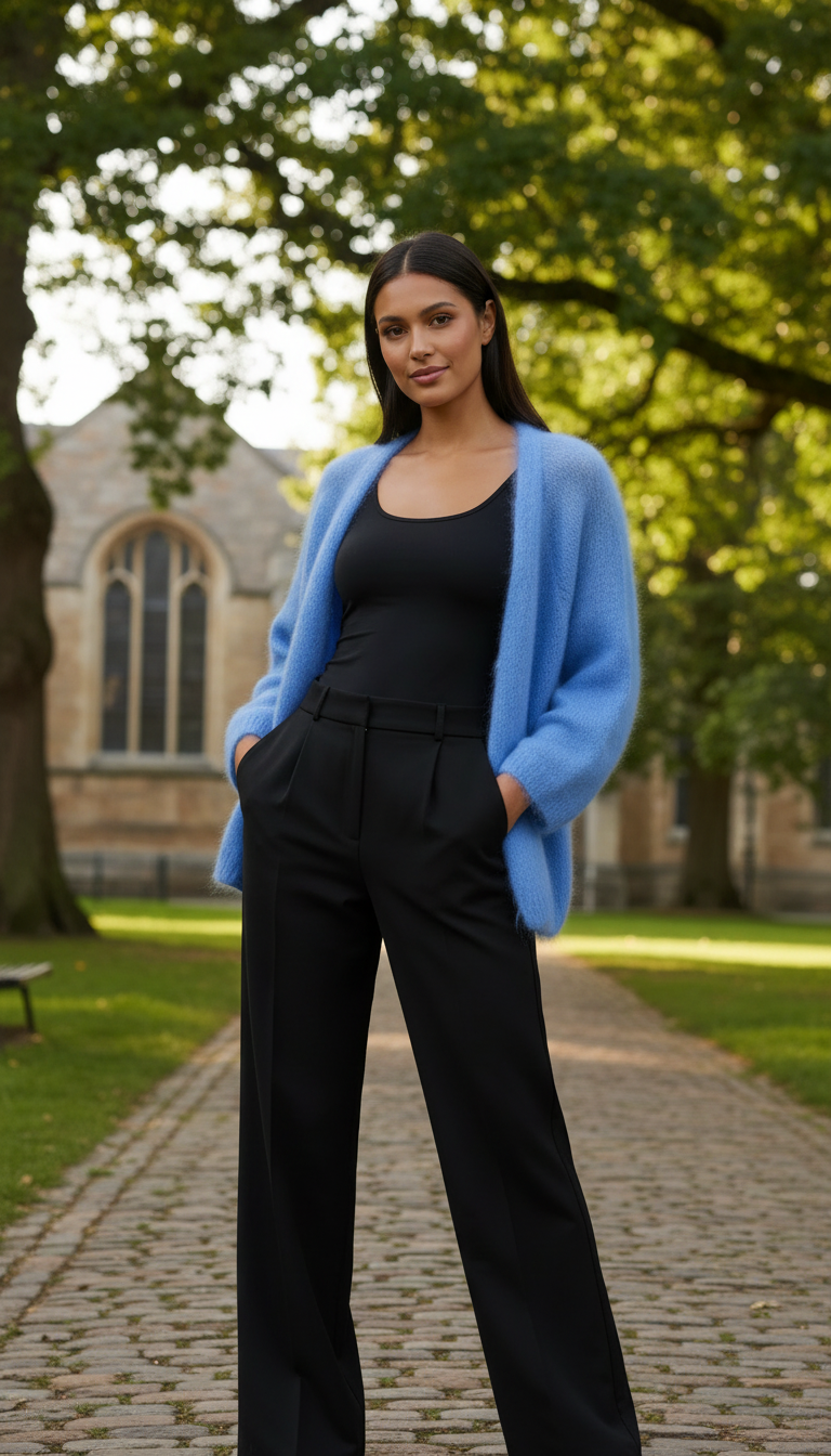 Young woman standing on a cobblestone walkway in a park, wearing a black top, black pants, and a light blue cardigan, with trees and a stone building in the background.