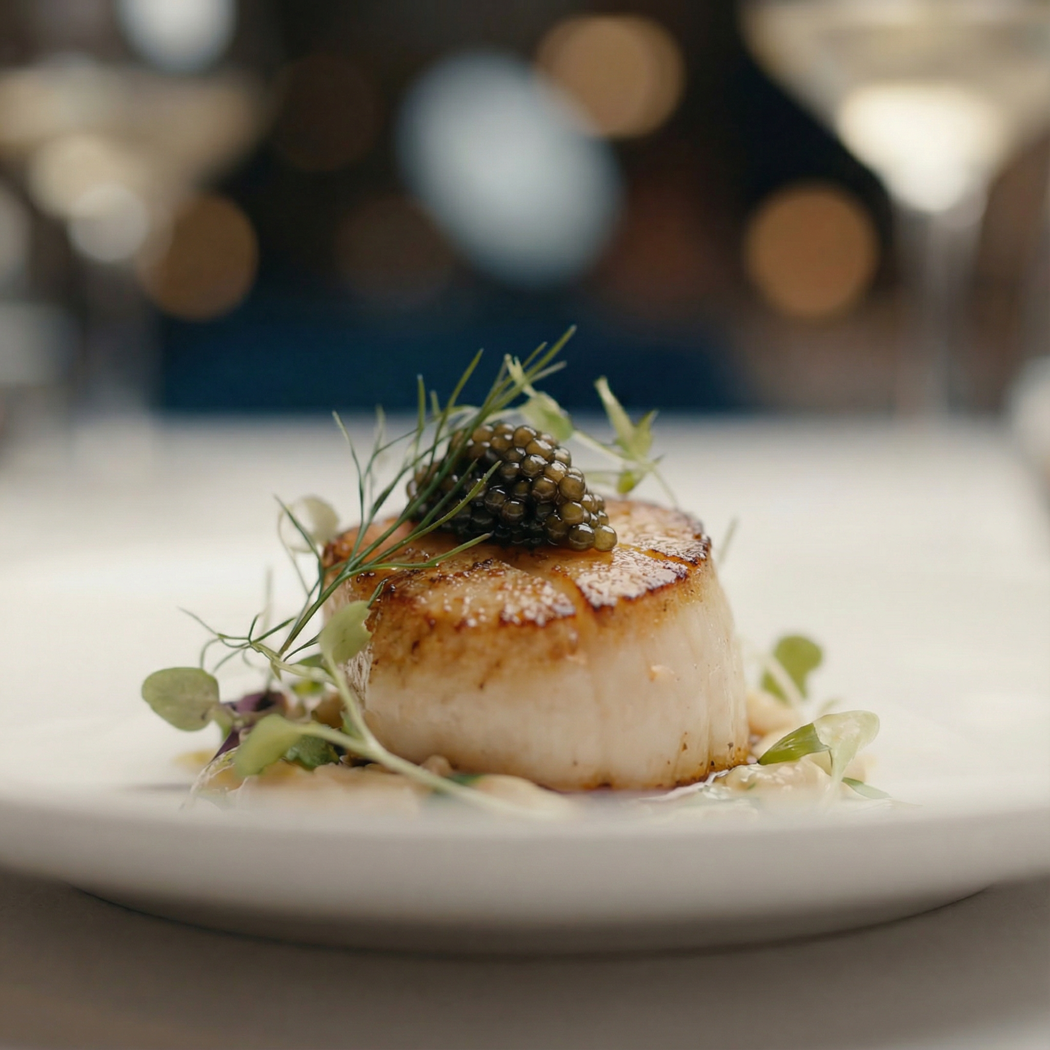 A seared scallop topped with black caviar and garnished with microgreens on a white plate.