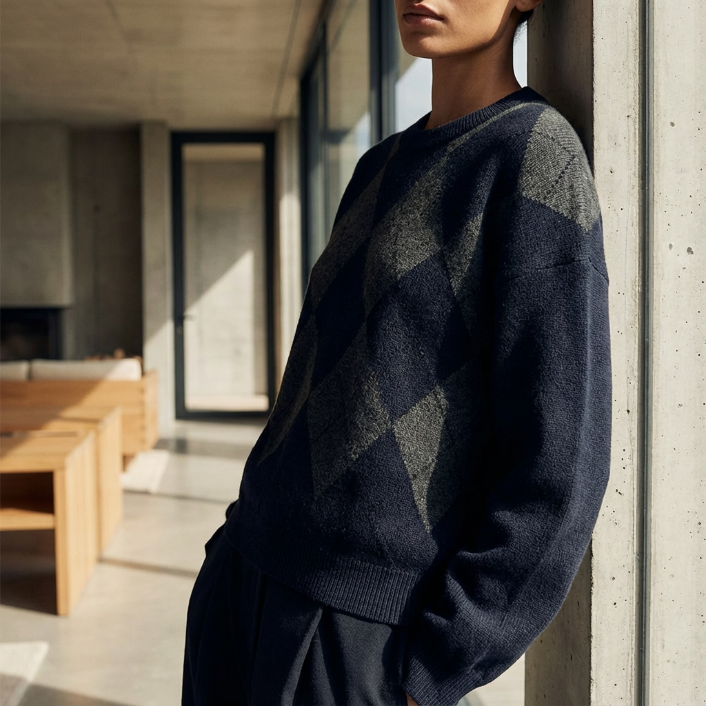 A person leaning against a concrete wall near a large window in a modern, minimalistic room, wearing a dark argyle sweater and dark pants.