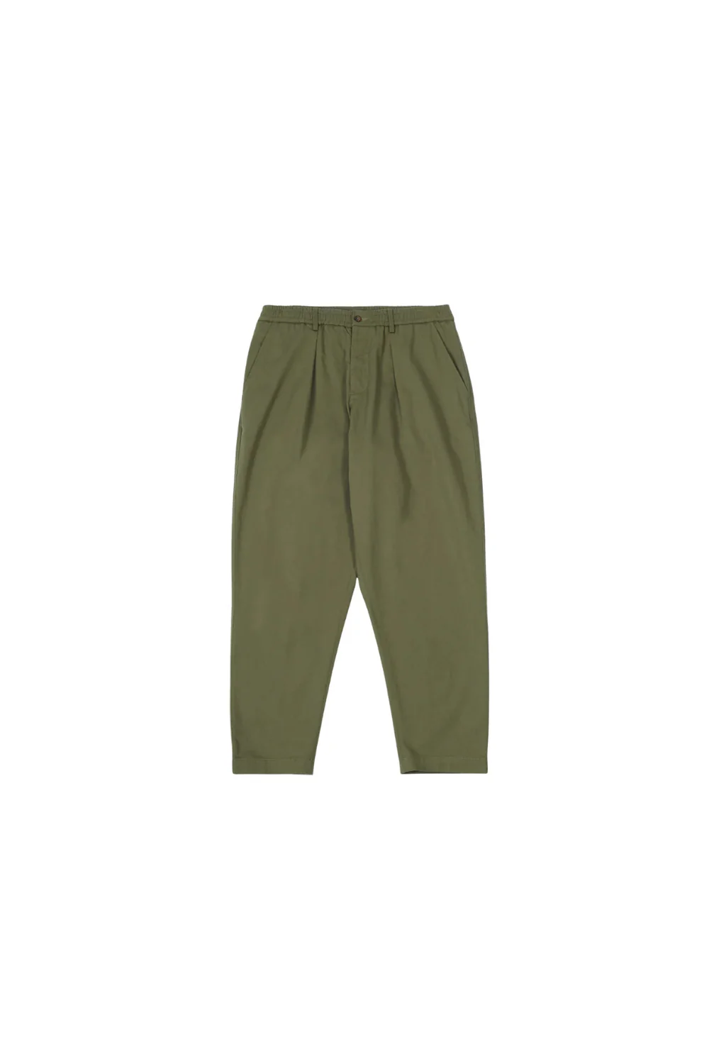 Olive green tailored pants with pleats and side pockets, displayed against a white background.