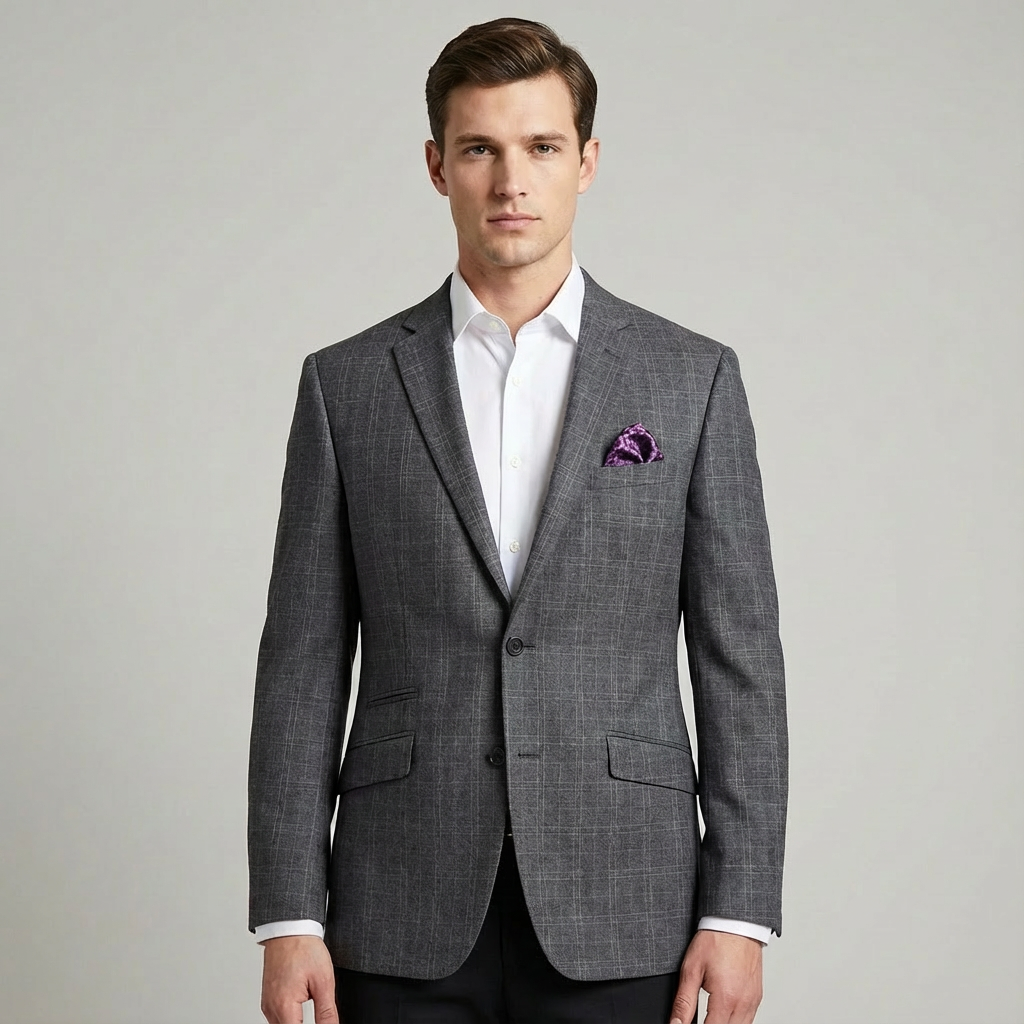 A man wearing a gray checkered suit with a white shirt and purple pocket square standing against a plain light gray background.