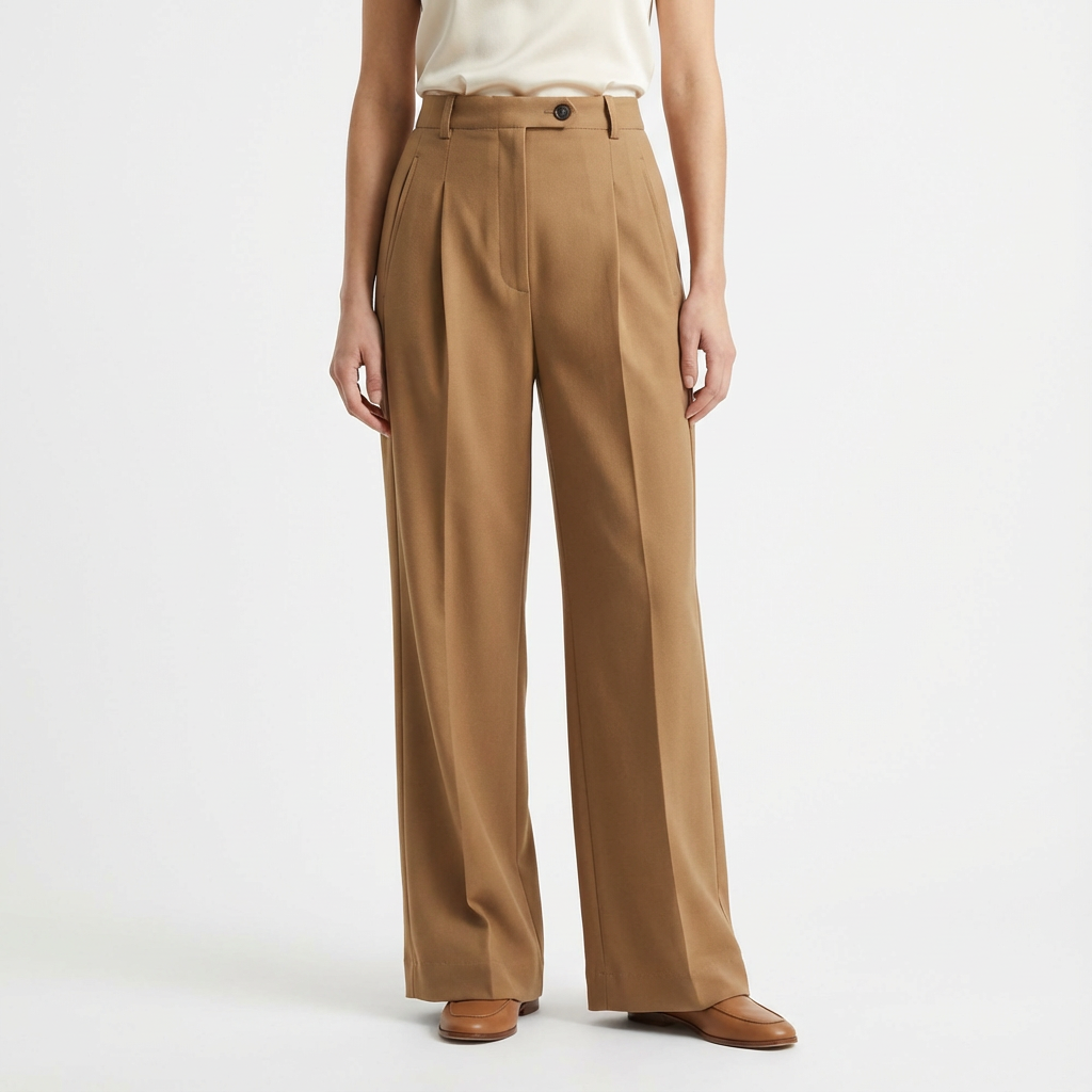 A person wearing high-waisted tan wide-leg trousers and a white top, standing against a plain white background.