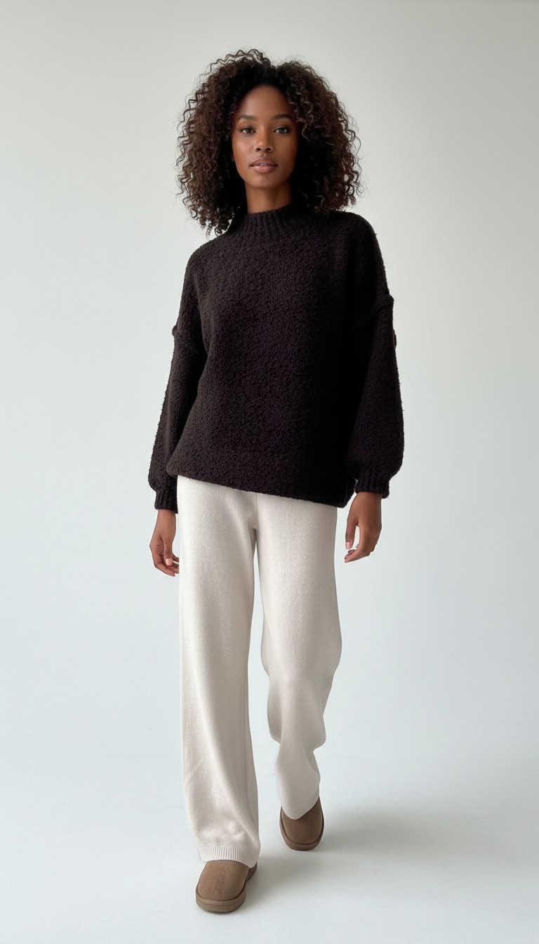A woman with curly hair wearing a black sweater and white wide-leg pants, standing against a plain light background.