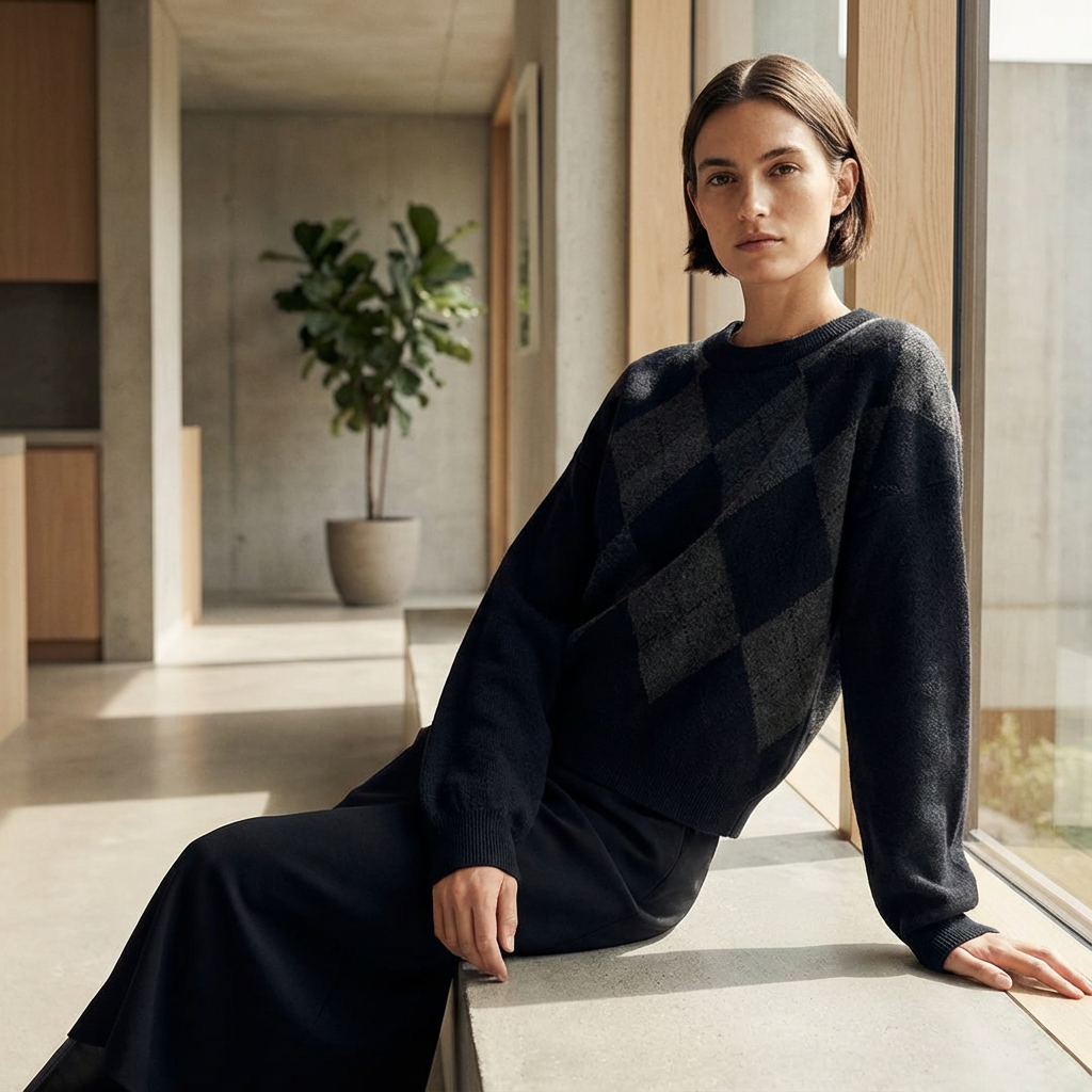A woman with short brown hair sitting on a windowsill in a modern, minimalist interior. She is wearing a black and gray argyle sweater and a black skirt, looking directly at the camera with a neutral expression.