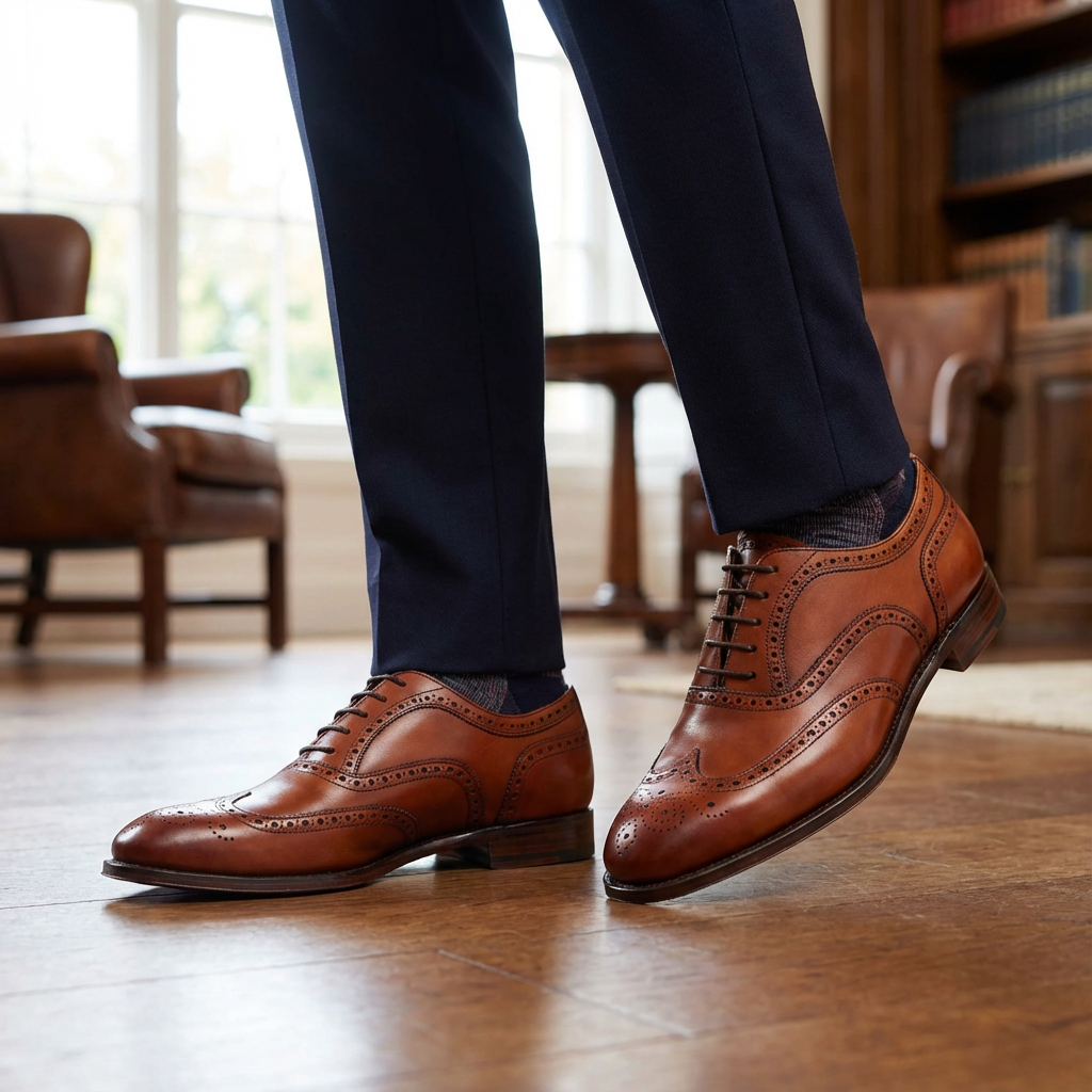 Person wearing brown leather brogue dress shoes, dark blue pants, and dark socks inside a room with wood flooring, a leather armchair, a window, and a bookshelf.