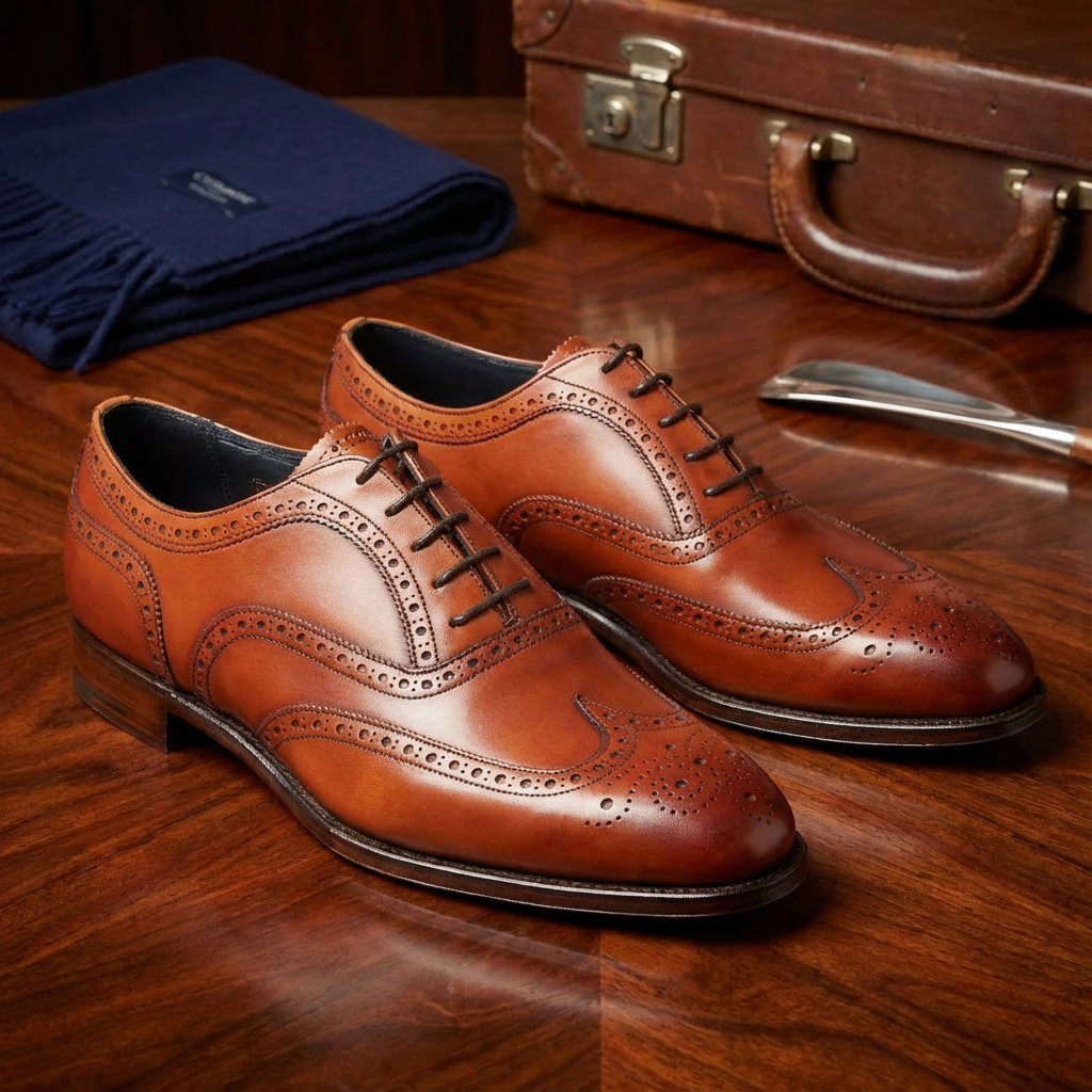 A pair of polished brown leather dress shoes with brogue detailing placed on a wooden surface, with a wooden vintage suitcase, a blue cloth, and a shoehorn in the background.