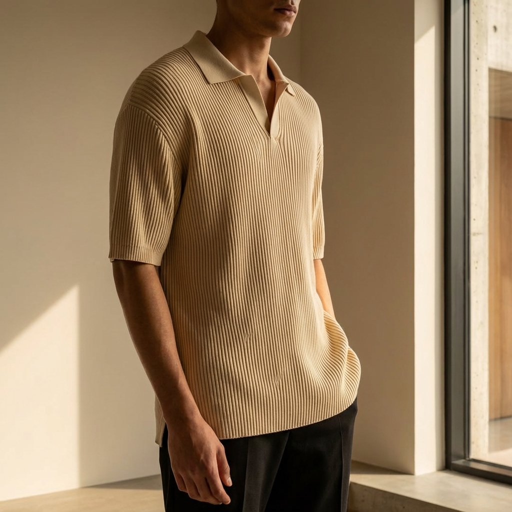 Close-up of a man wearing a beige ribbed polo shirt with half-length sleeves, standing near a window.