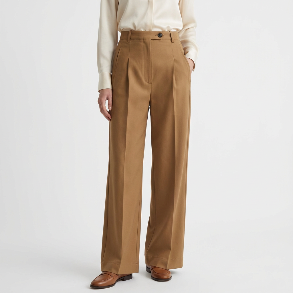 A person wearing high-waisted tan dress pants, a light-colored blouse, and brown shoes, standing against a plain white background.