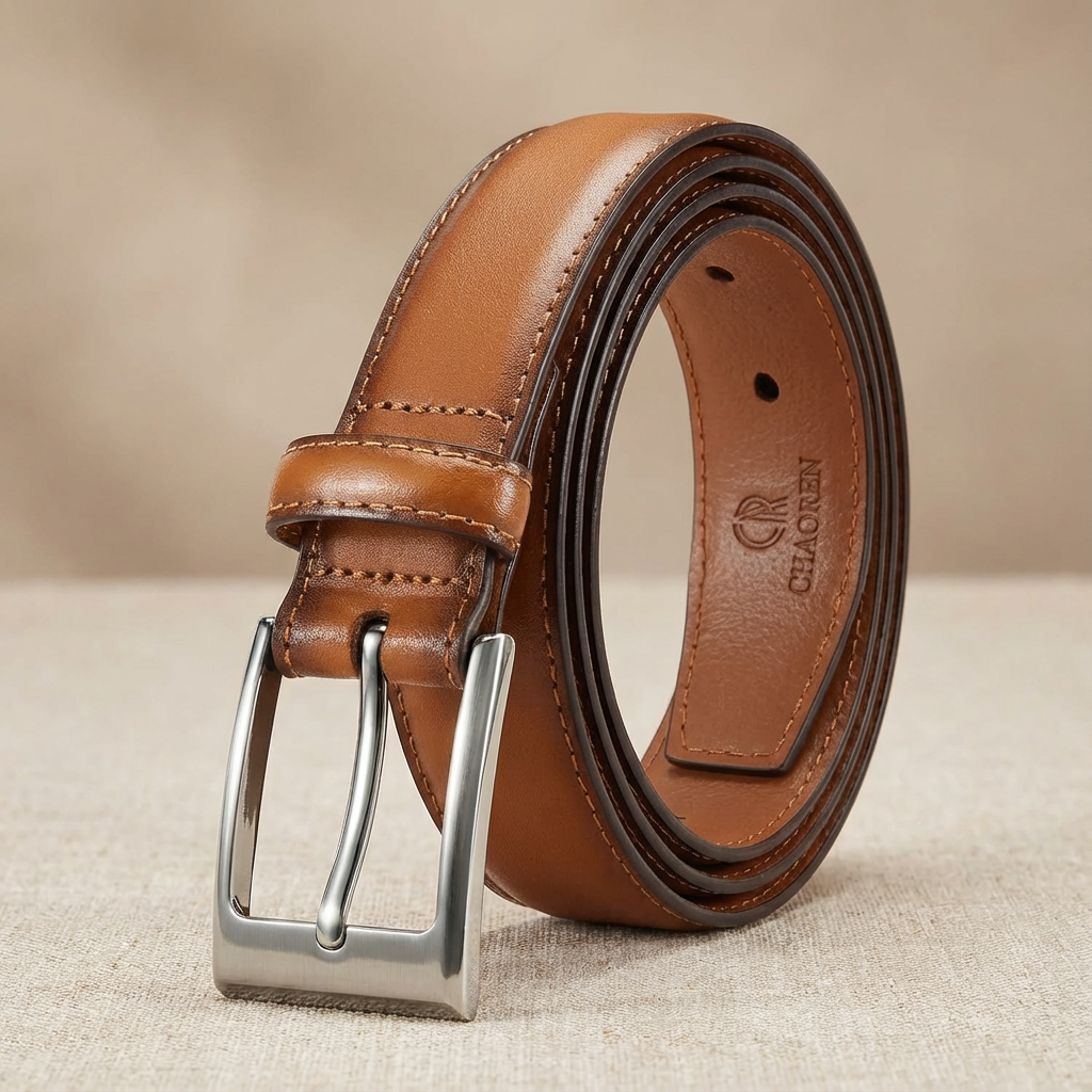 Brown leather belt with silver buckle on a neutral background.