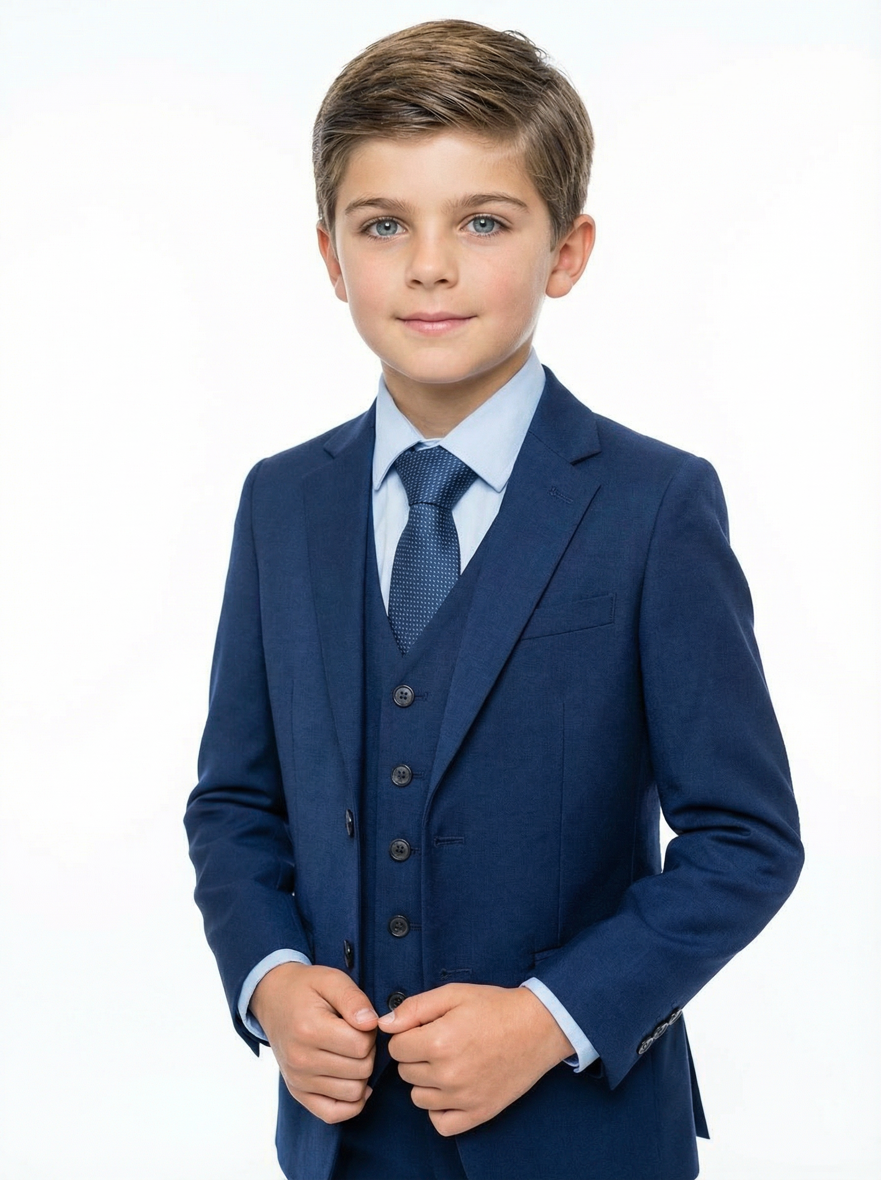 A young boy dressed in a blue suit with a tie, standing against a white background.
