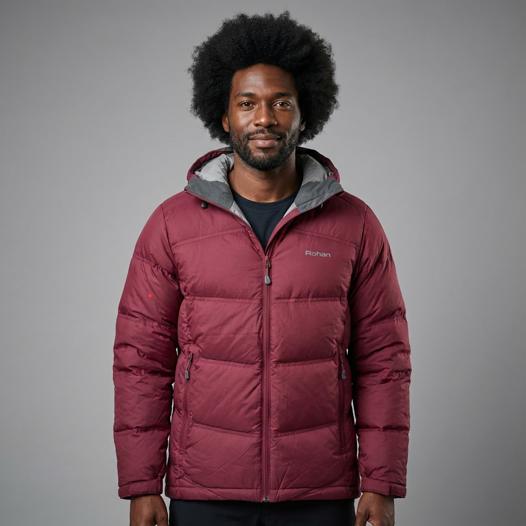 Man wearing a maroon Rohan insulated jacket with gray inner lining, standing against a plain gray background.