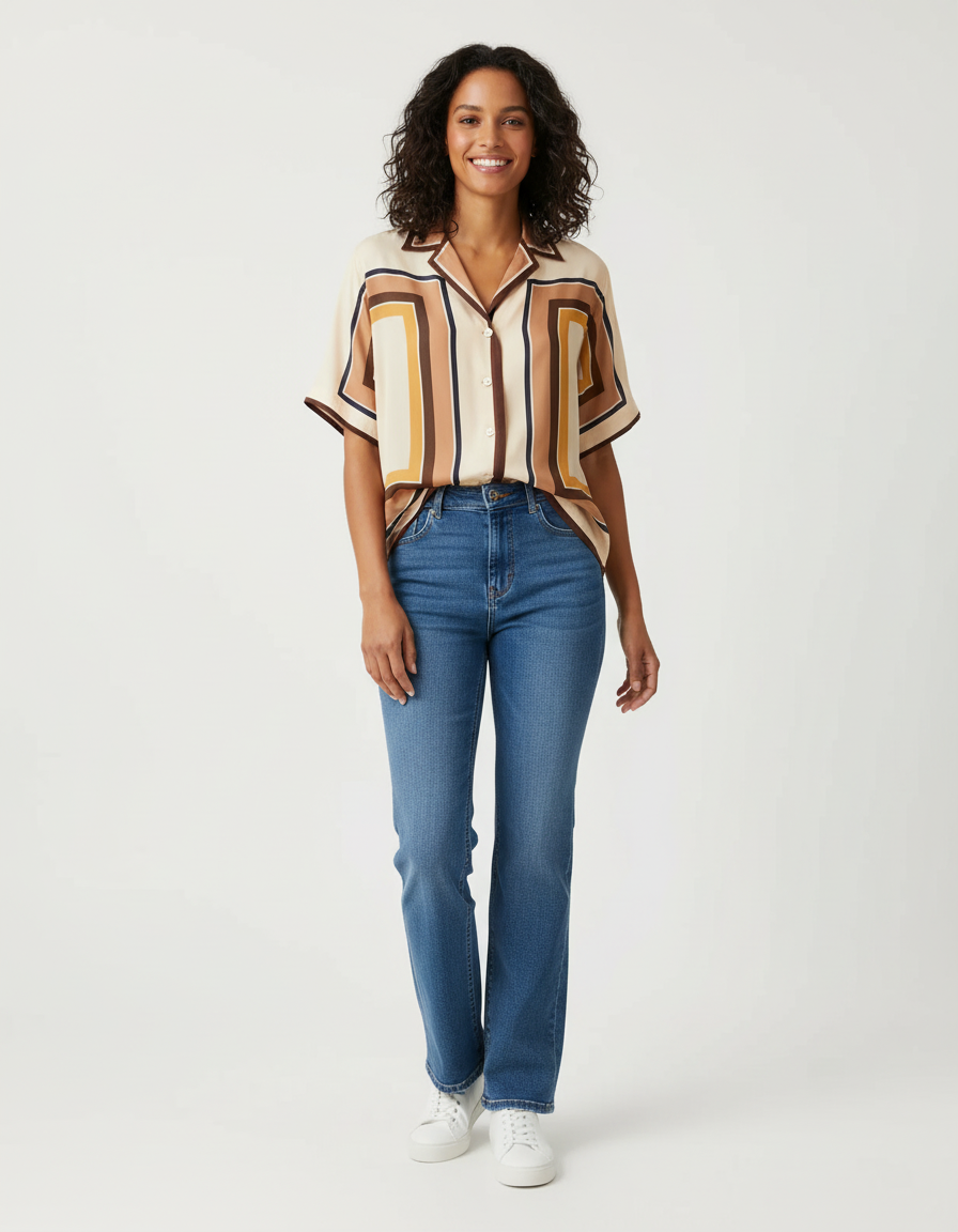 A smiling woman with curly dark hair wearing a beige, brown, yellow, and white patterned short-sleeve button-up shirt, blue jeans, and white sneakers, standing against a plain white background.