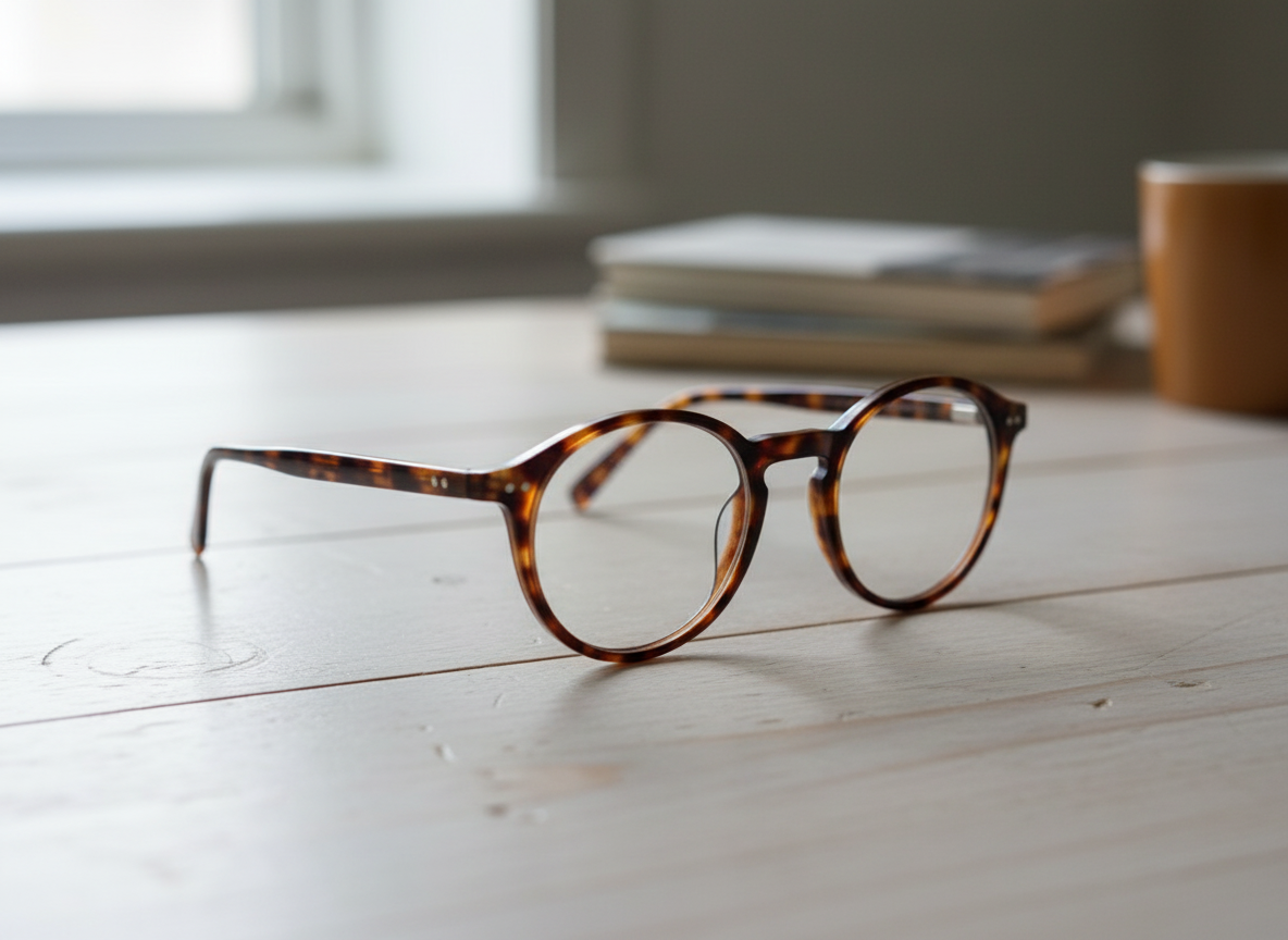 Tortoiseshell eyeglasses on a white wooden table with a blurred background of books and a window.