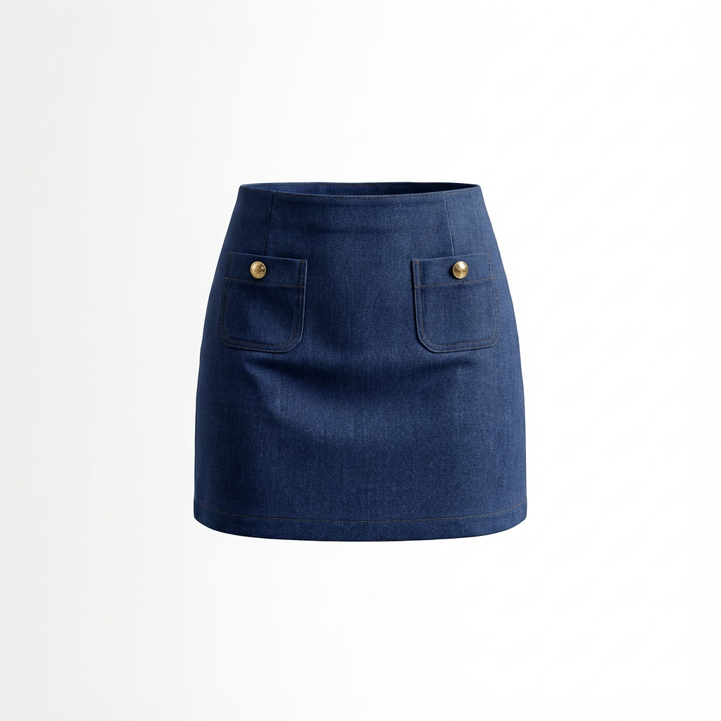 A dark blue denim skirt with two front pockets secured by gold buttons, displayed against a plain light background.