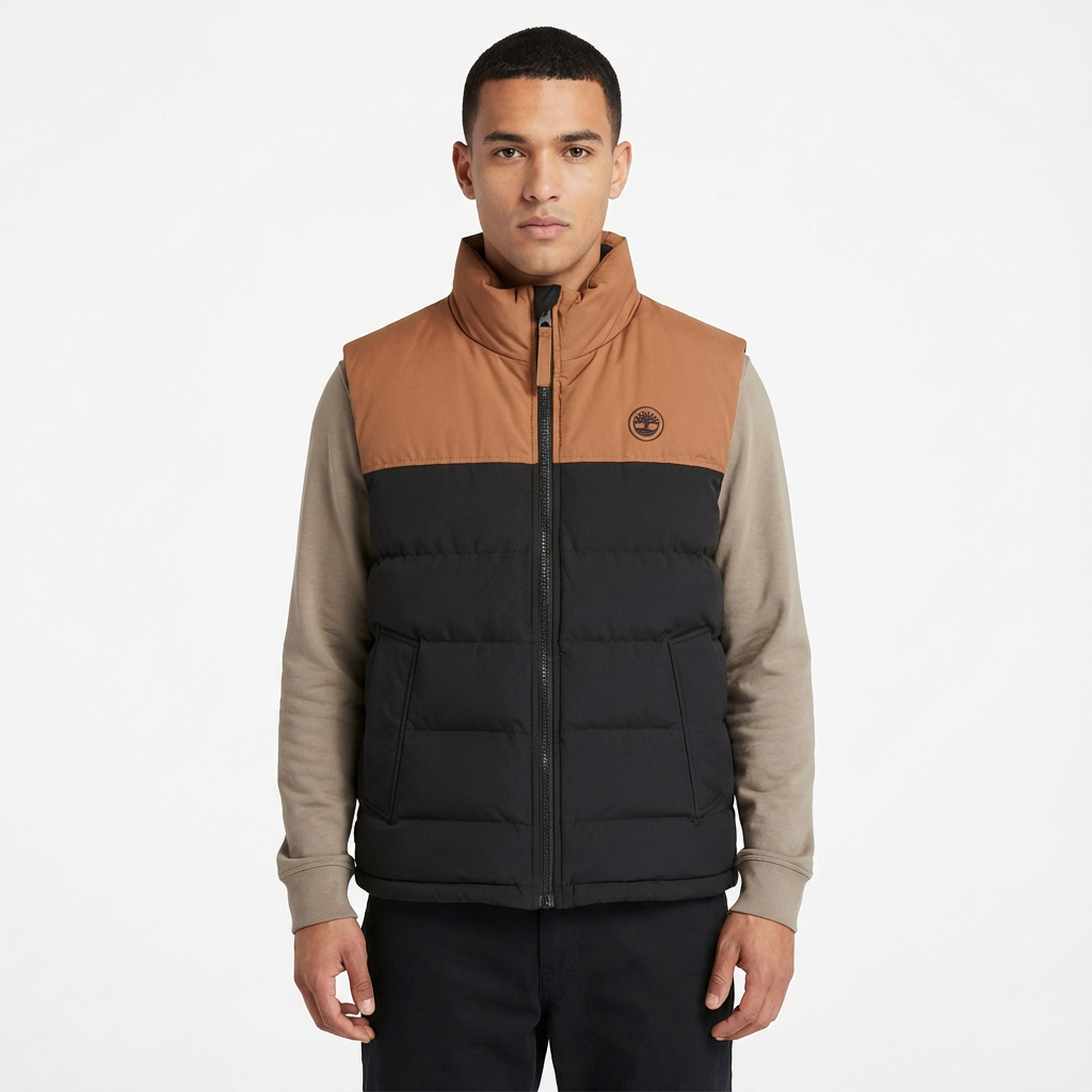 A young man wearing a color-blocked puffer vest with tan, black, and gray sections, standing against a plain white background.