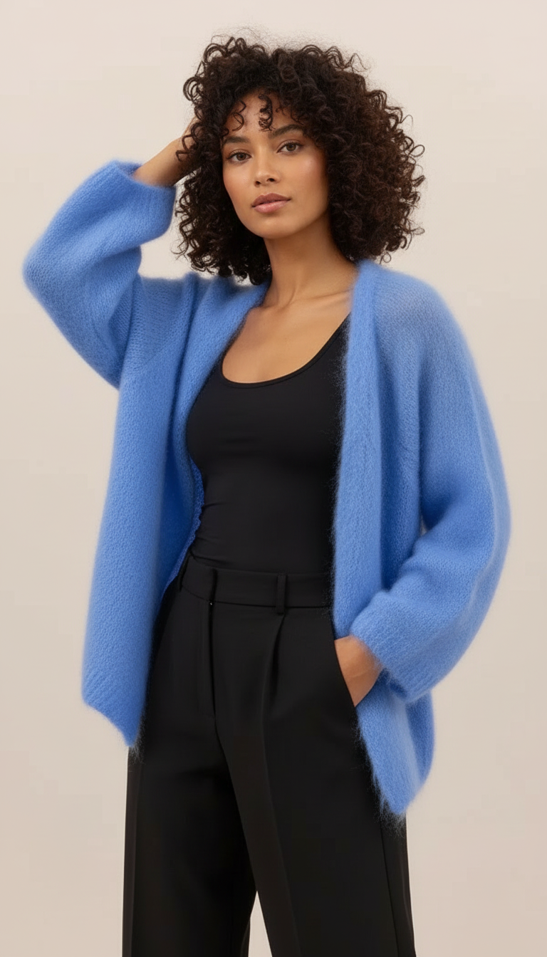 A woman with curly dark hair wearing a blue cardigan over a black top and black pants, posing with one hand behind her head and the other in her pocket against a plain white background.