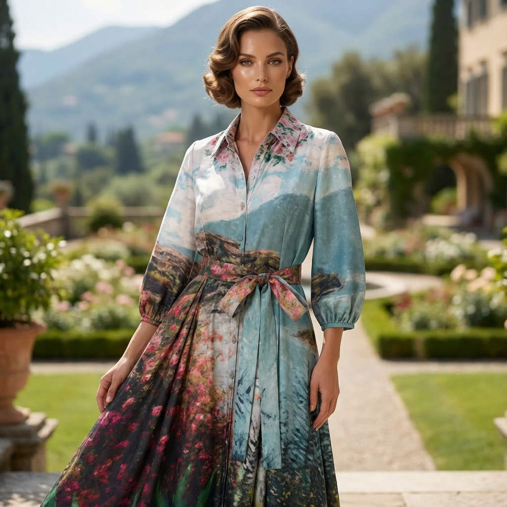 A woman in a long dress with a landscape painting print, standing outdoors in a garden with flowers and greenery, mountains in the background.