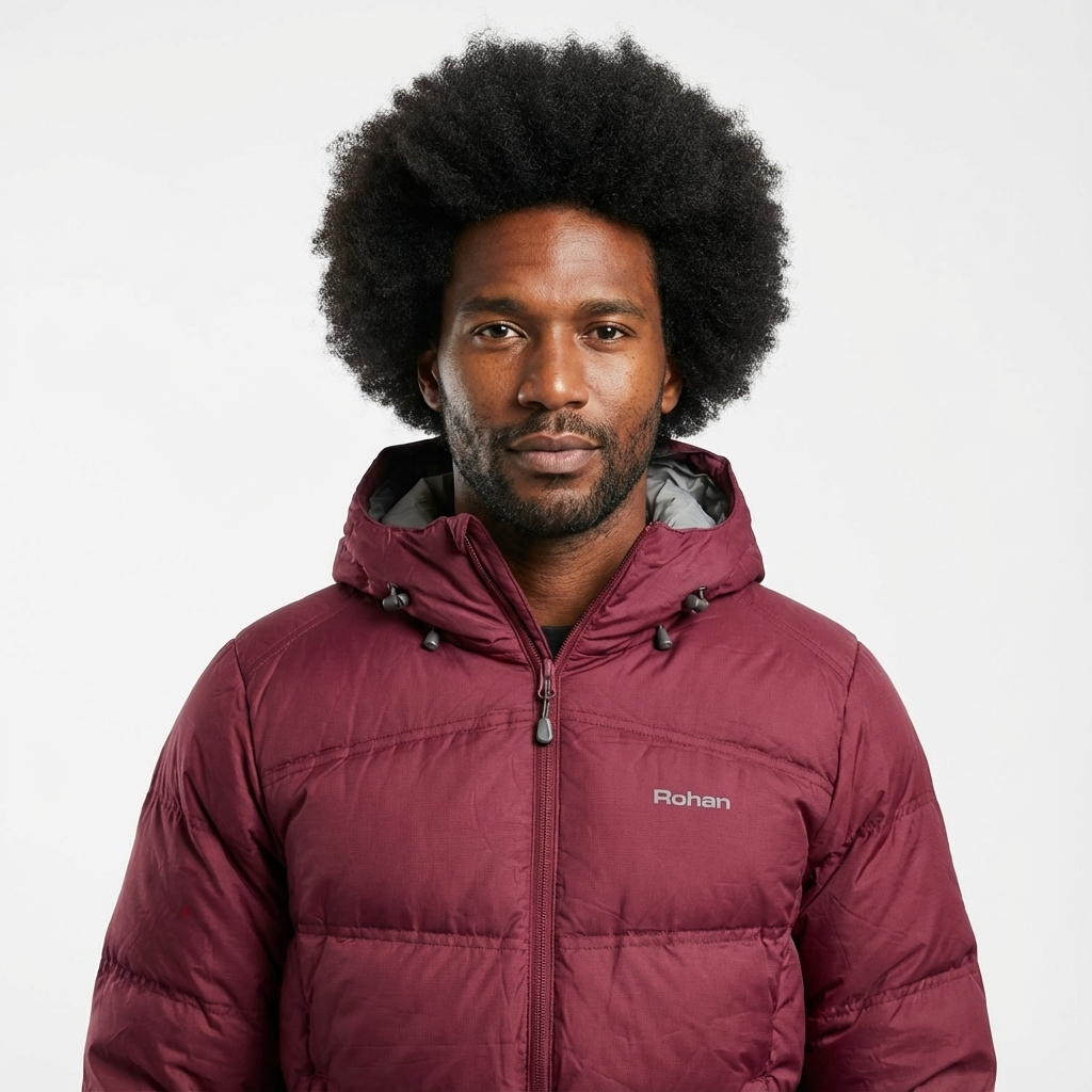 Portrait of a man with an afro hairstyle, wearing a maroon Rohan puffer jacket, standing against a plain white background.