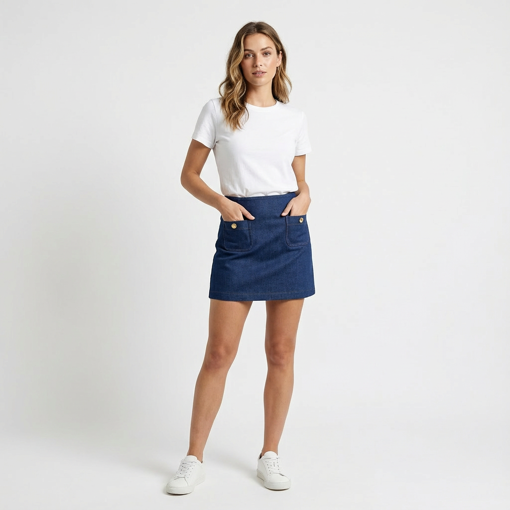 A young woman wearing a white t-shirt, a blue denim skirt with large front pockets, and white sneakers, standing against a plain white background.