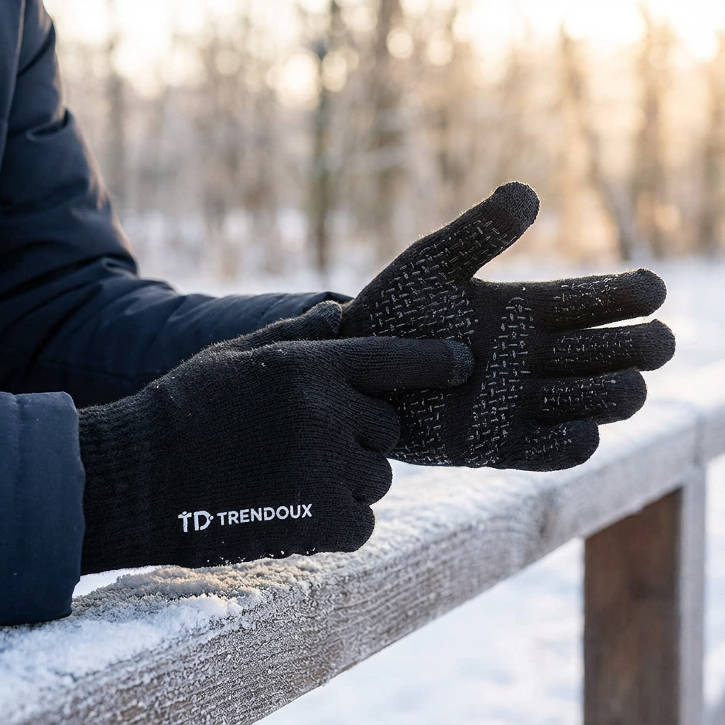 Close-up of black gloves with textured grip, worn by person touching a snow-covered wooden railing in a winter outdoor setting with trees in the background.