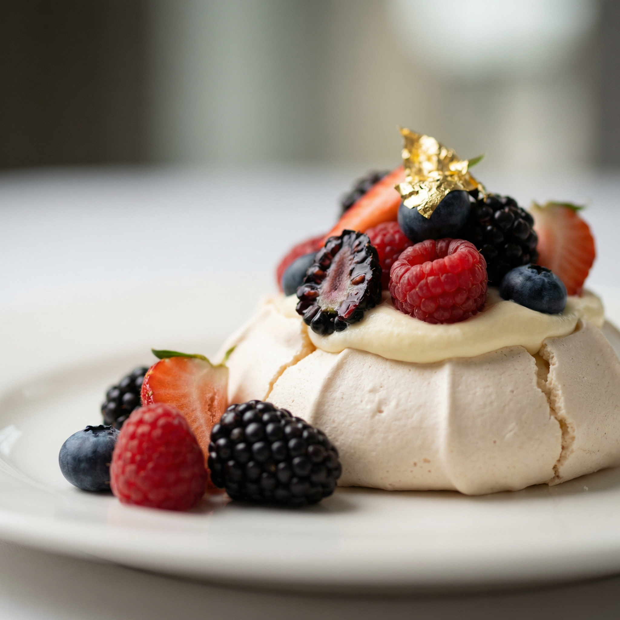 Pavlova dessert topped with mixed berries, including strawberries, blueberries, raspberries, blackberries, and a piece of gold leaf.