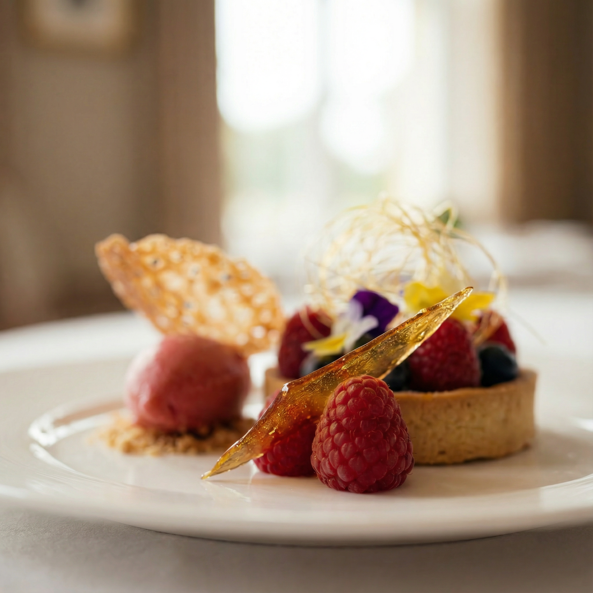 Elegant dessert with fresh berries, edible flowers, and decorative sugar on a white plate.