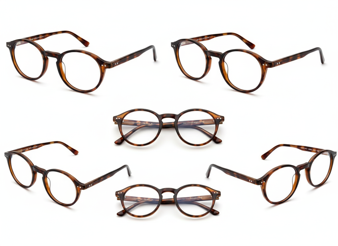 Six pairs of tortoise shell glasses arranged in three rows on a white background.