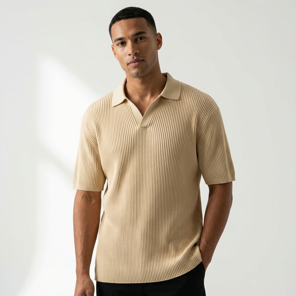 A young man with short black hair and medium skin tone wearing a beige ribbed polo shirt with a collar, standing against a plain light background.