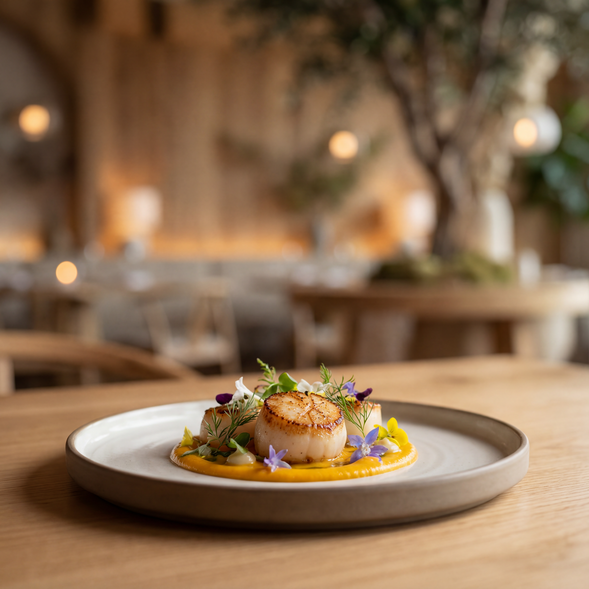 Seared scallop on a plate garnished with edible flowers and green herbs, with a yellow sauce underneath, in a cozy restaurant setting.