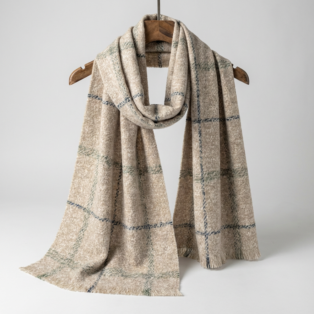 A beige plaid scarf with green and blue lines hangs on a wooden coat hanger against a plain white background.