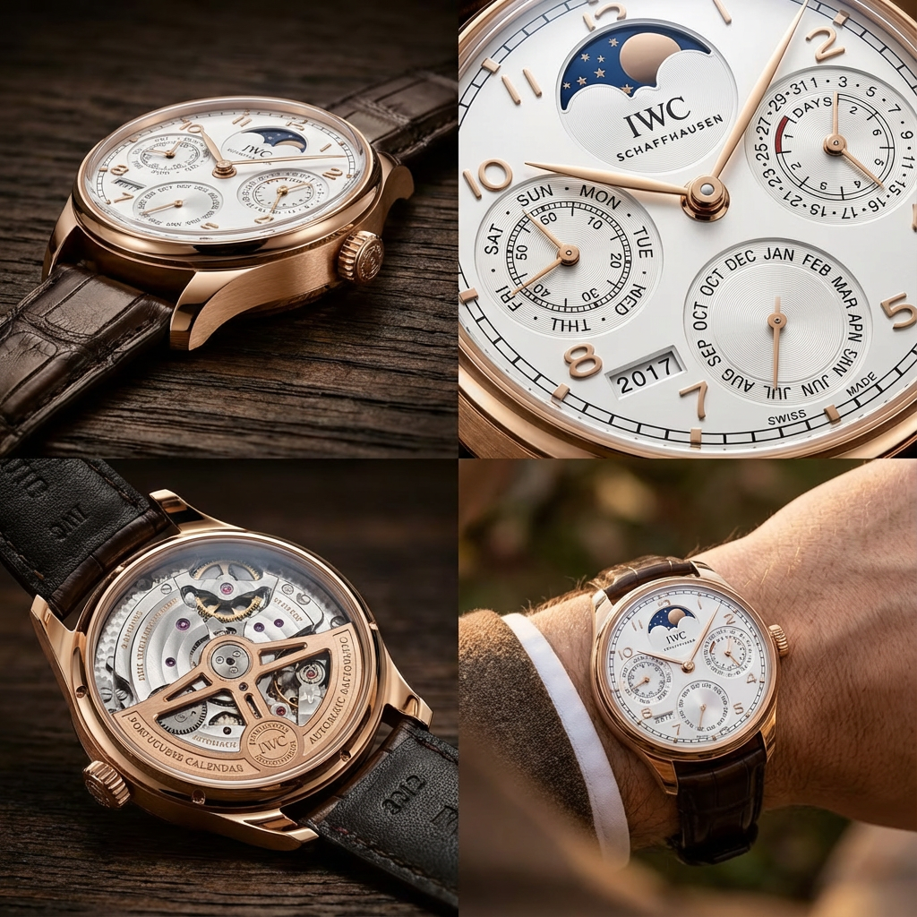Close-up of a luxury IWC wristwatch with multiple dials, gold case, and leather strap, showing various features like moon phase, calendar, and time, on a wooden surface. Also includes a person wearing the watch outdoors.