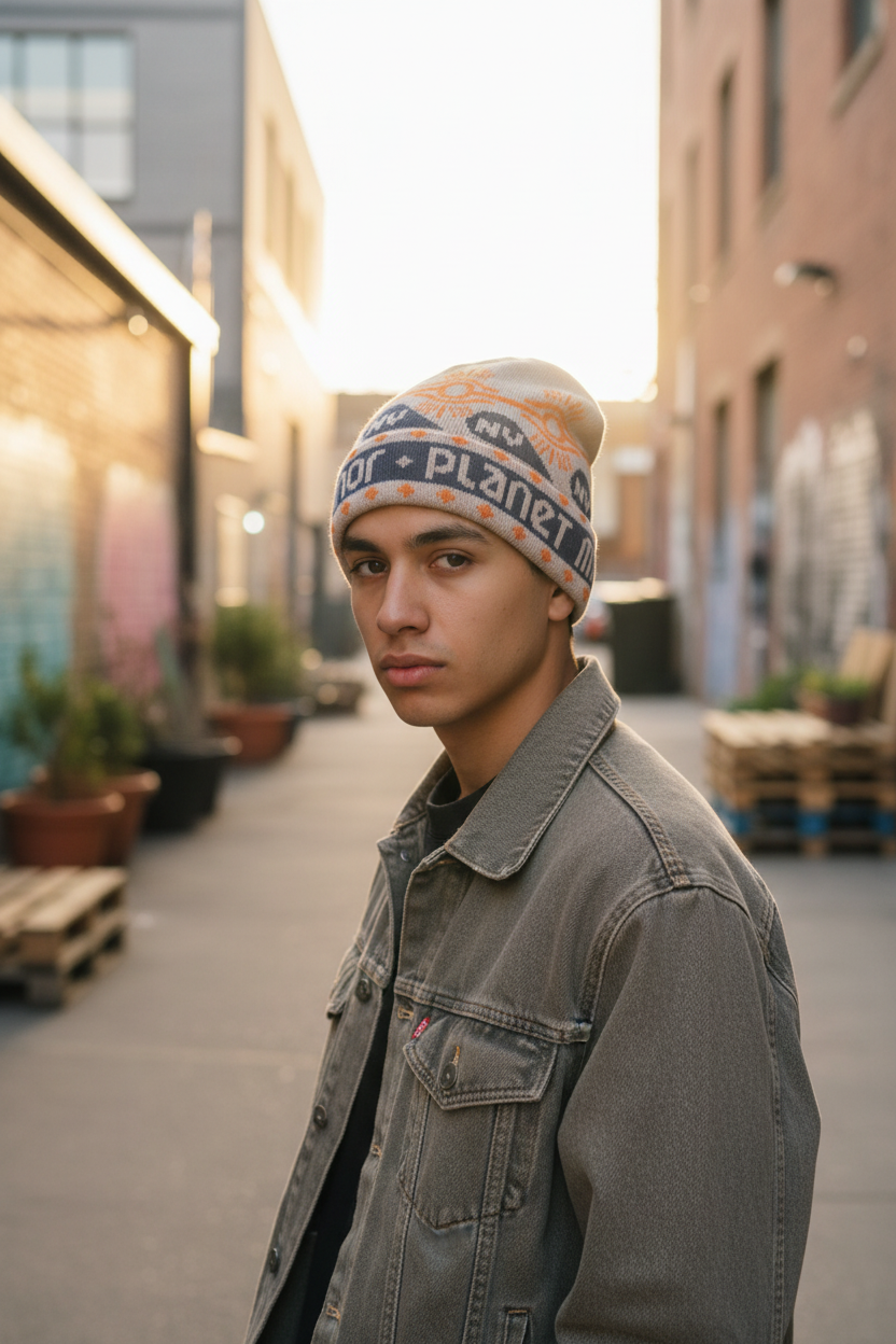 A young man with light skin and dark eyebrows wearing a gray denim jacket and a colorful beanie with space-themed designs standing in an urban alleyway at sunset.
