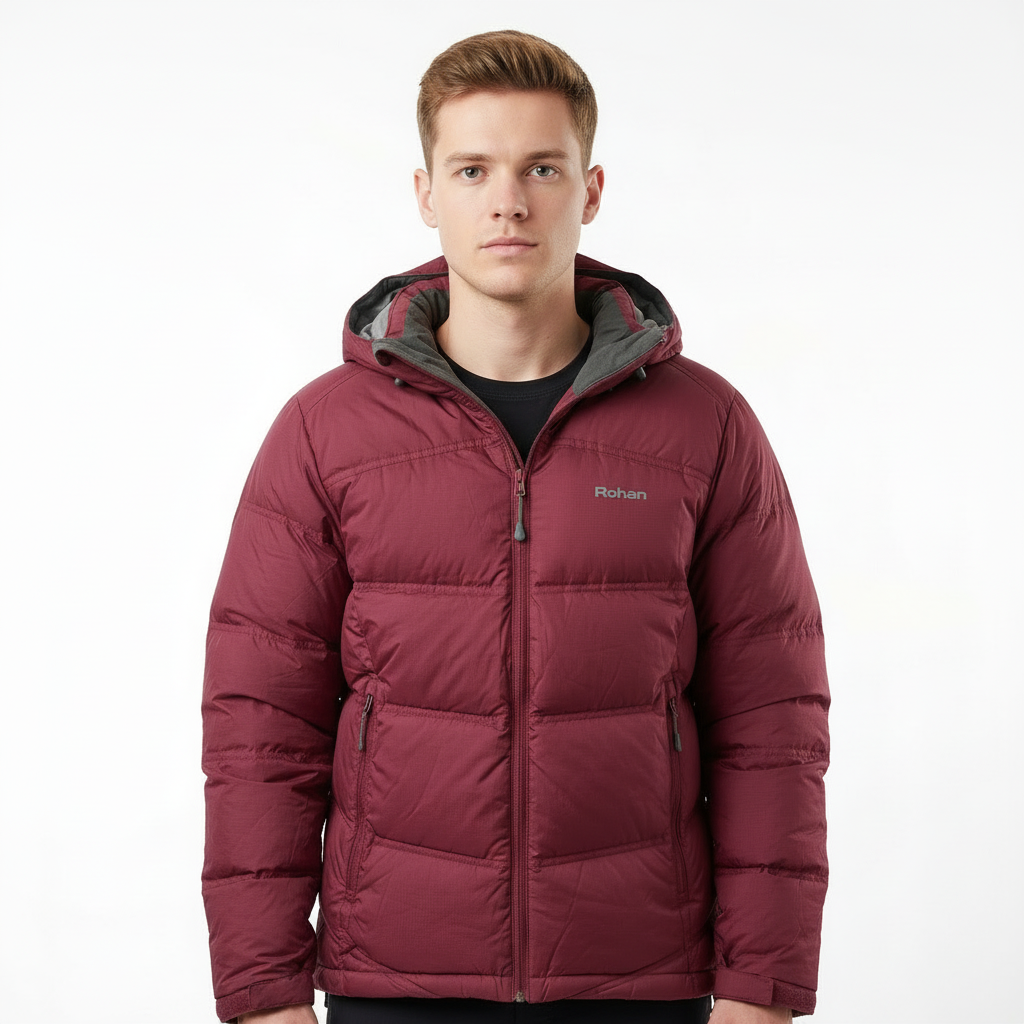 A young man in a maroon puffer jacket with a gray interior hood facing the camera against a plain white background.