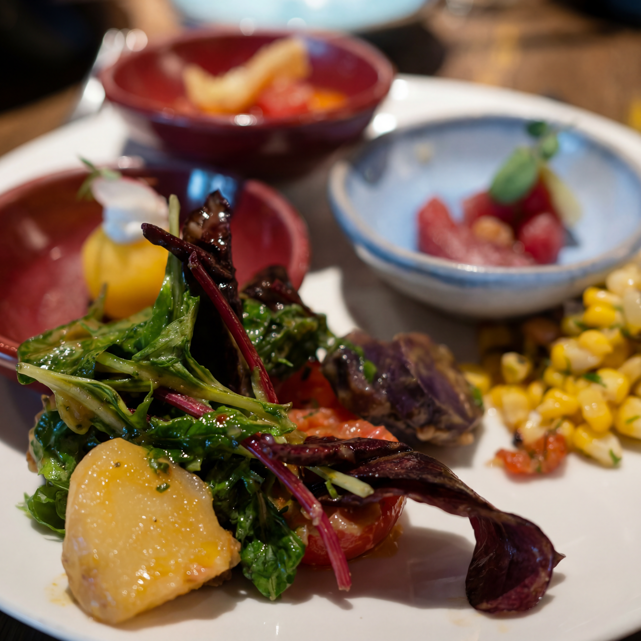 A close-up of a plate with a colorful mixed salad, grilled vegetables, and small bowls of sauces and appetizers in the background.