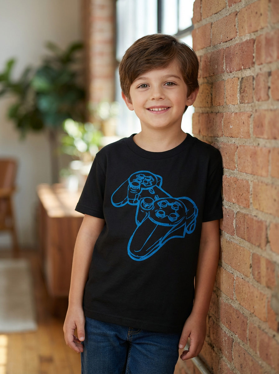 A smiling young boy with brown hair, wearing a black t-shirt with a blue gaming controller graphic, leaning against a brick wall in a bright indoor setting.
