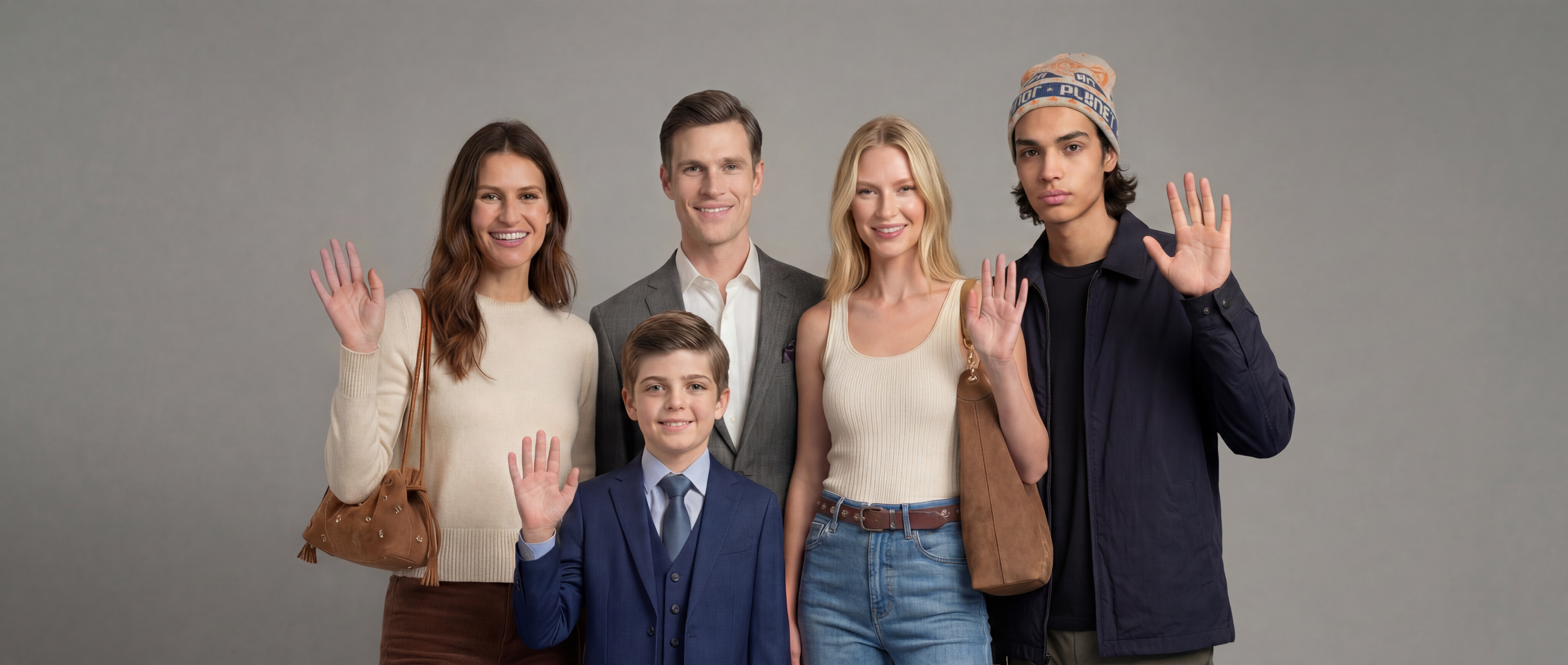 Group of five people, including children and adults, standing against a neutral backdrop, waving at the camera.