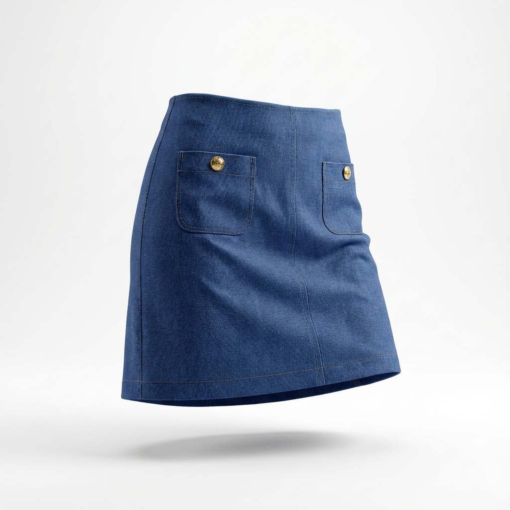 A blue denim skirt with front pockets and gold button details, floating against a white background.