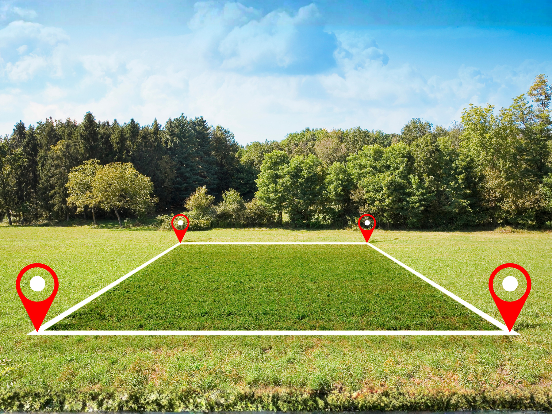 A grassy field with four red location pins connected by white lines, set against a backdrop of trees and a partly cloudy sky.