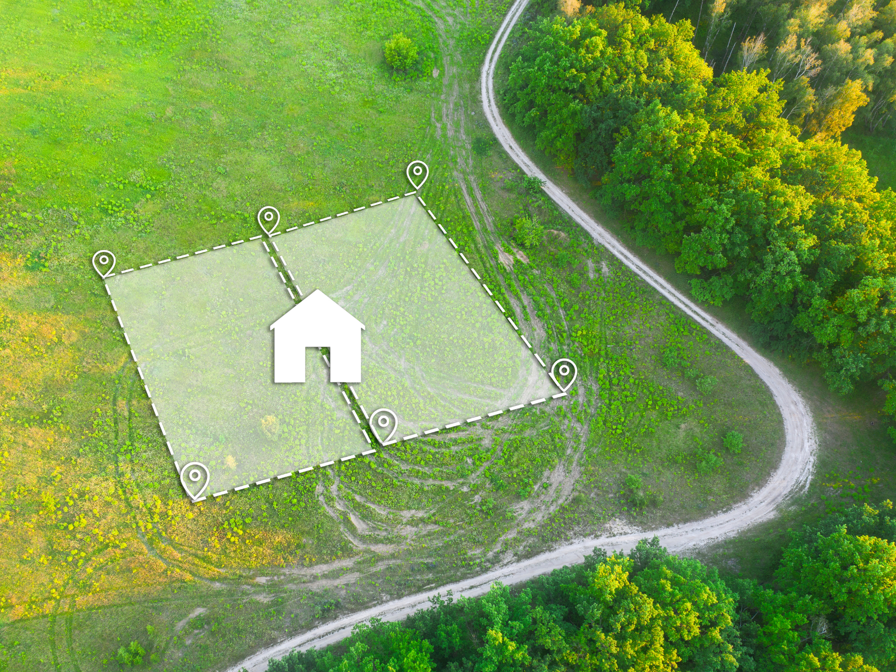 Aerial view of a green property with a dirt road creating a curve along the edge, surrounded by dense forest. There is a marked area with dashed white lines and three location pins, containing a white house icon at the center of the marked area.